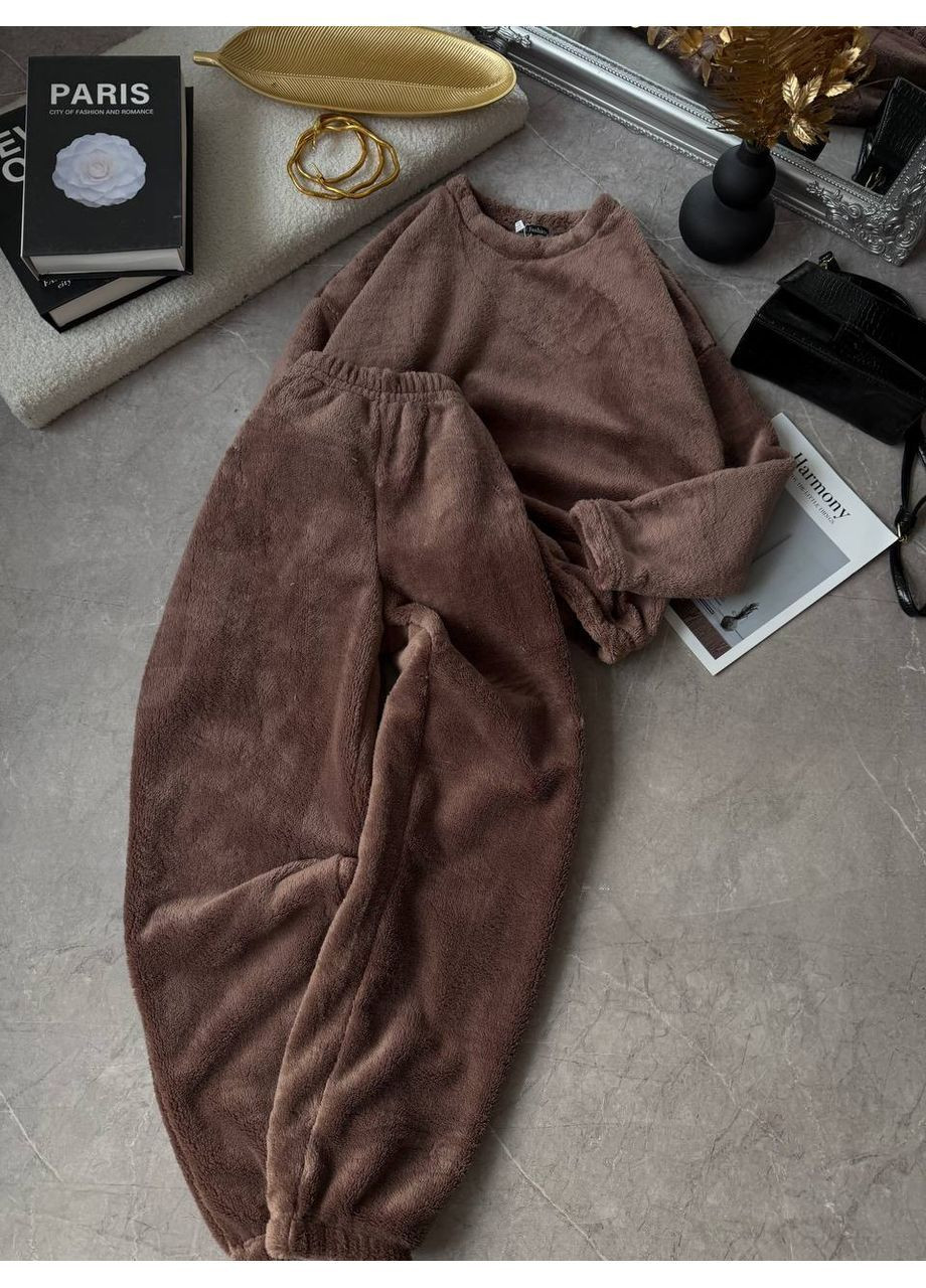 Кофейная зимняя женская махровая пижама кофта + брюки FINO Mode