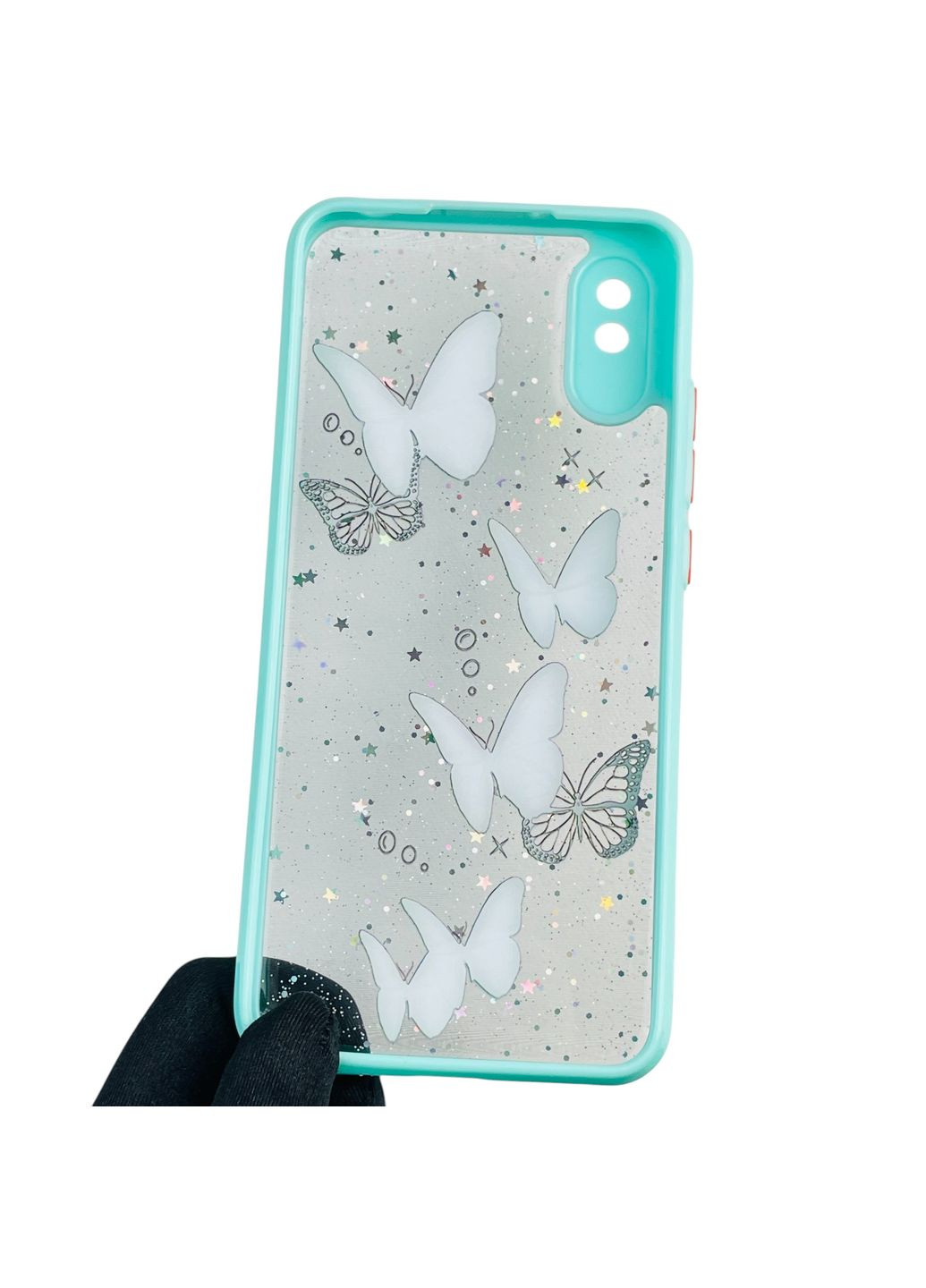 Чохол для Redmi 9A з блискітками з метеликами на сяомі редмі 9а бірюзовий Xiaomi (366387773)