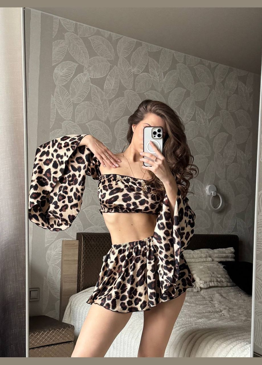 Комбінована всесезон сатинова піжама, комплект для дому топ + шорти Україна