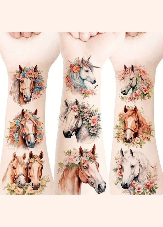 Набір тимчасових татуювань "Коні" Horses-20-01 розмір 6х6 см Fresh Tattoo (341677603)