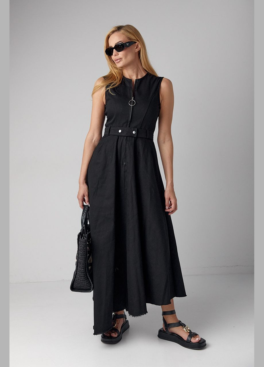 Черное платье макси с молнией и асимметричным подолом Lurex