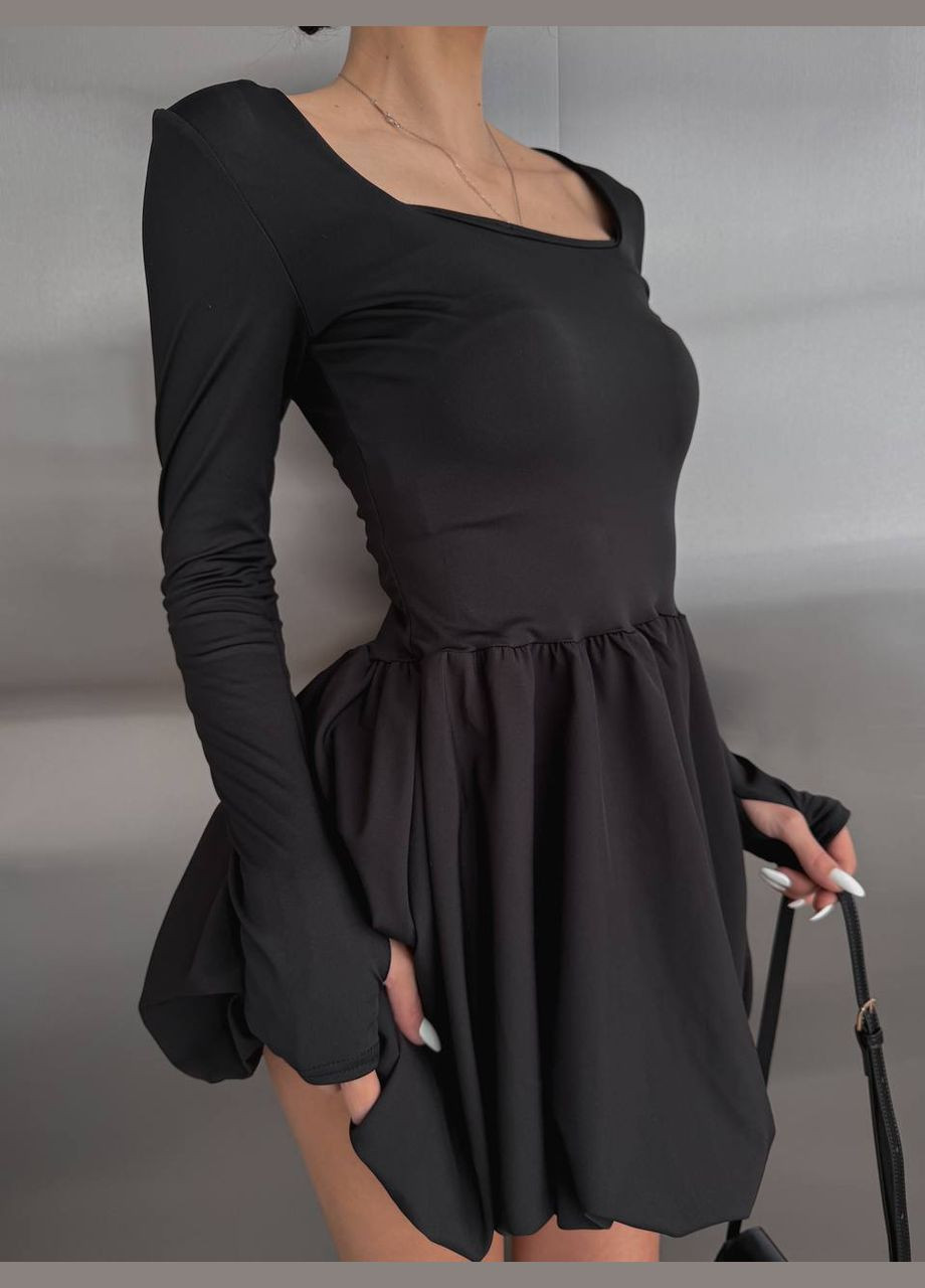 Чорна повсякденний, вечірня жіноча міні сукня з обʼємною спідницею дзвін No Brand однотонна