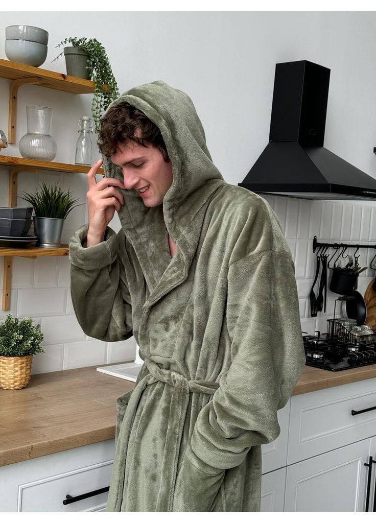 Мужской халат плюш с капюшоном, оливка - Oversize Lavender Dreams (368670433)