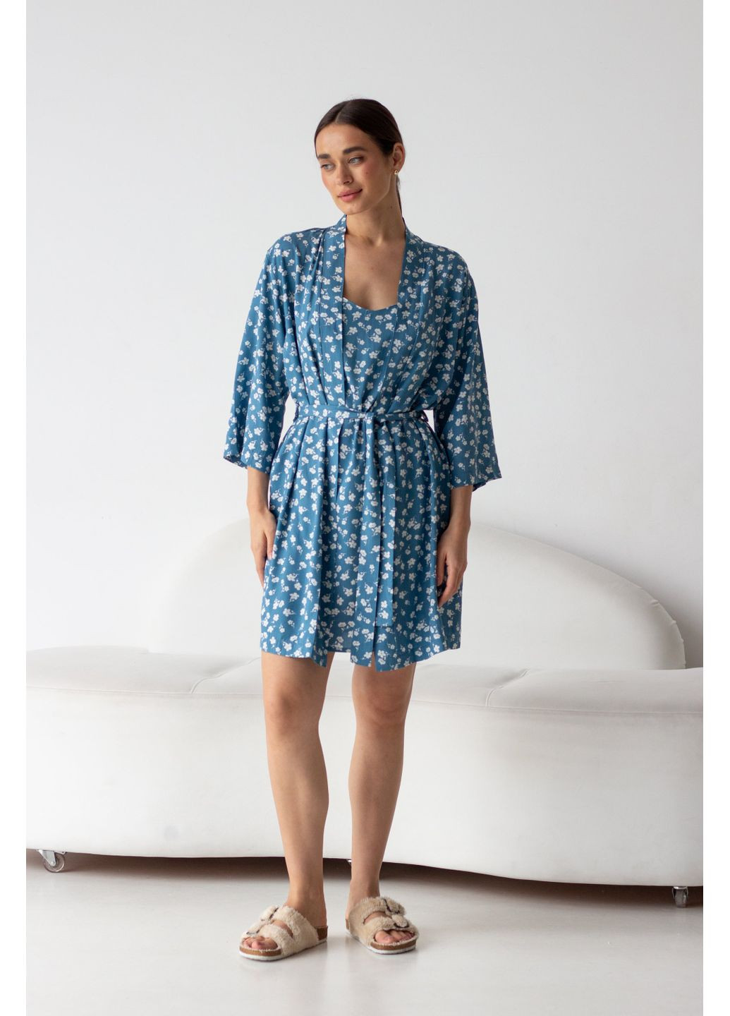 Халат из штапеля Barwa 0099 white flowers/blue (352260581)