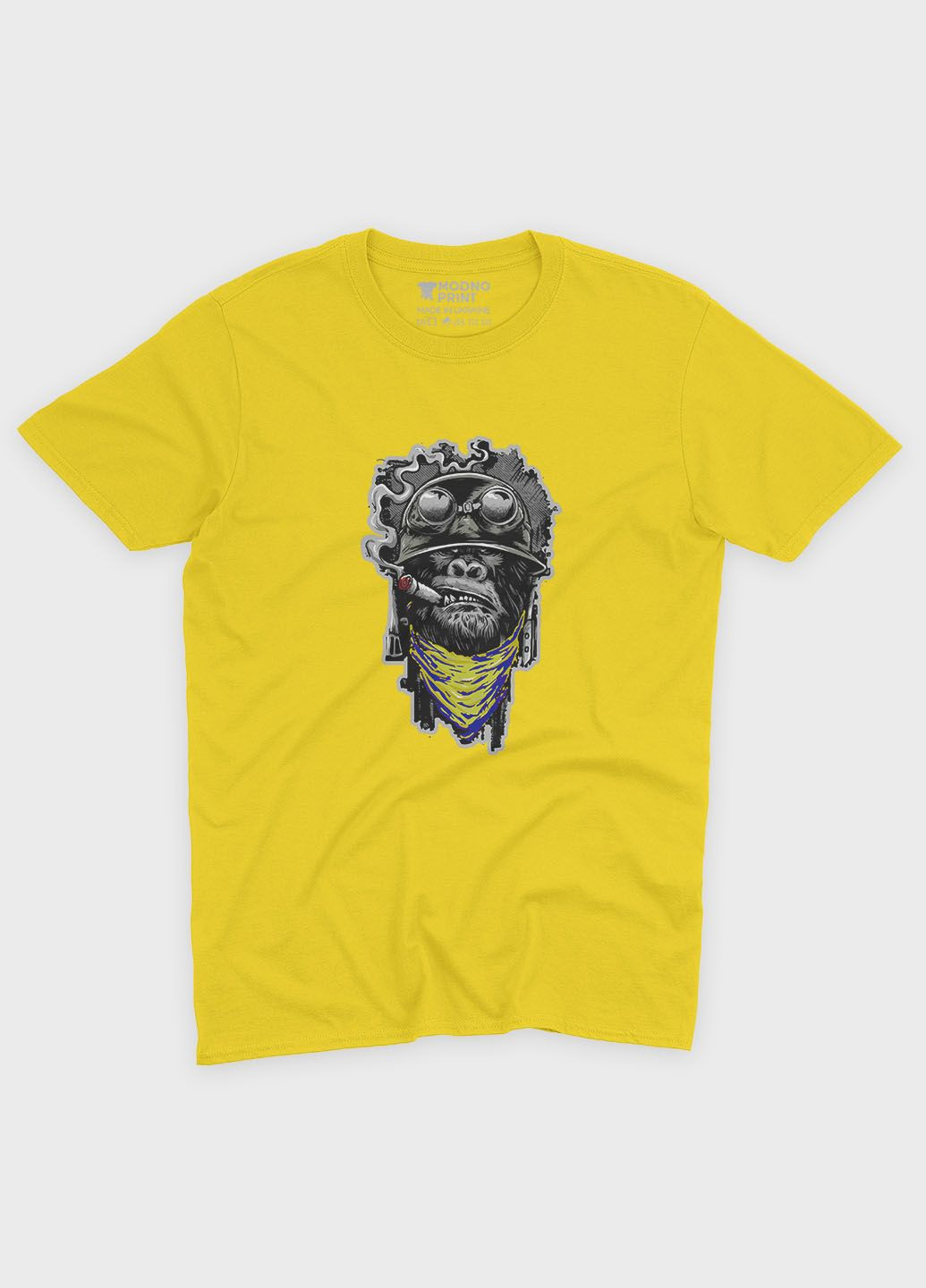 Желтая летняя женская футболка с патриотическим принтом горилла (ts001-4-sun-005-1-105-f) Modno
