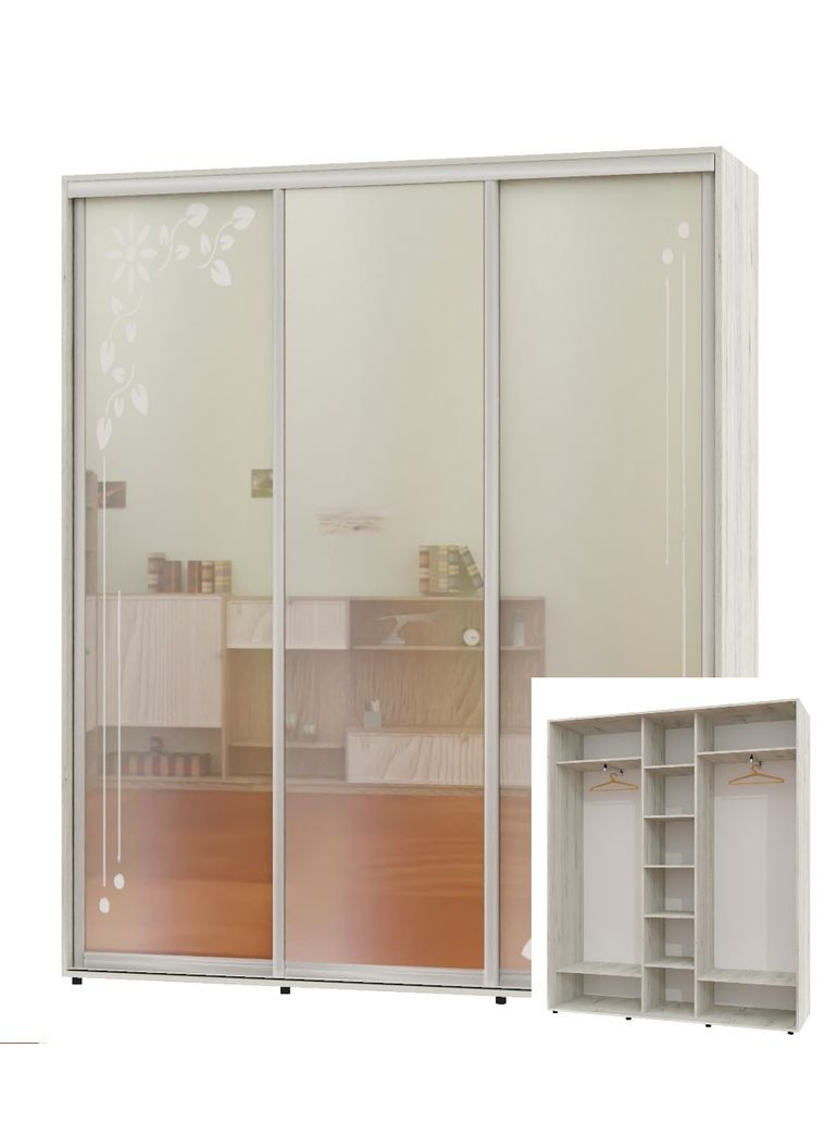 Шафа-купе тридверна 230*45*220 Дуб крафт білий 2 Дзеркала з піскострумним малюнком/Дзеркало ШК-04 Алекса (360477906)