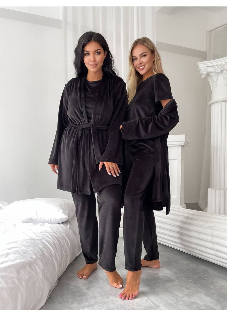 Комплект 1675 домашний тройка трикотаж велюр,штаны,халат и футболка Україна (371185552)