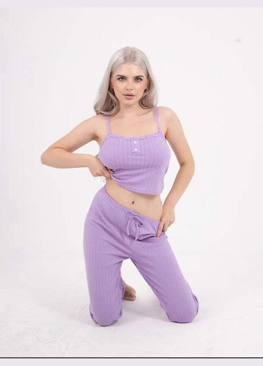 Сиреневая всесезон пижама julia брючная в рубчик набор майка брюки брюки с декором рюши майка + брюки No Brand Піжама в рубчик Julia чорний