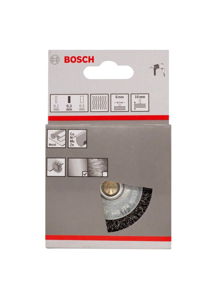 Дисковая проволочная щетка 1609200273 (100 мм, 6 мм, 0.3 мм) с гофрированным проводом для дрелей (22103) Bosch (266817301)
