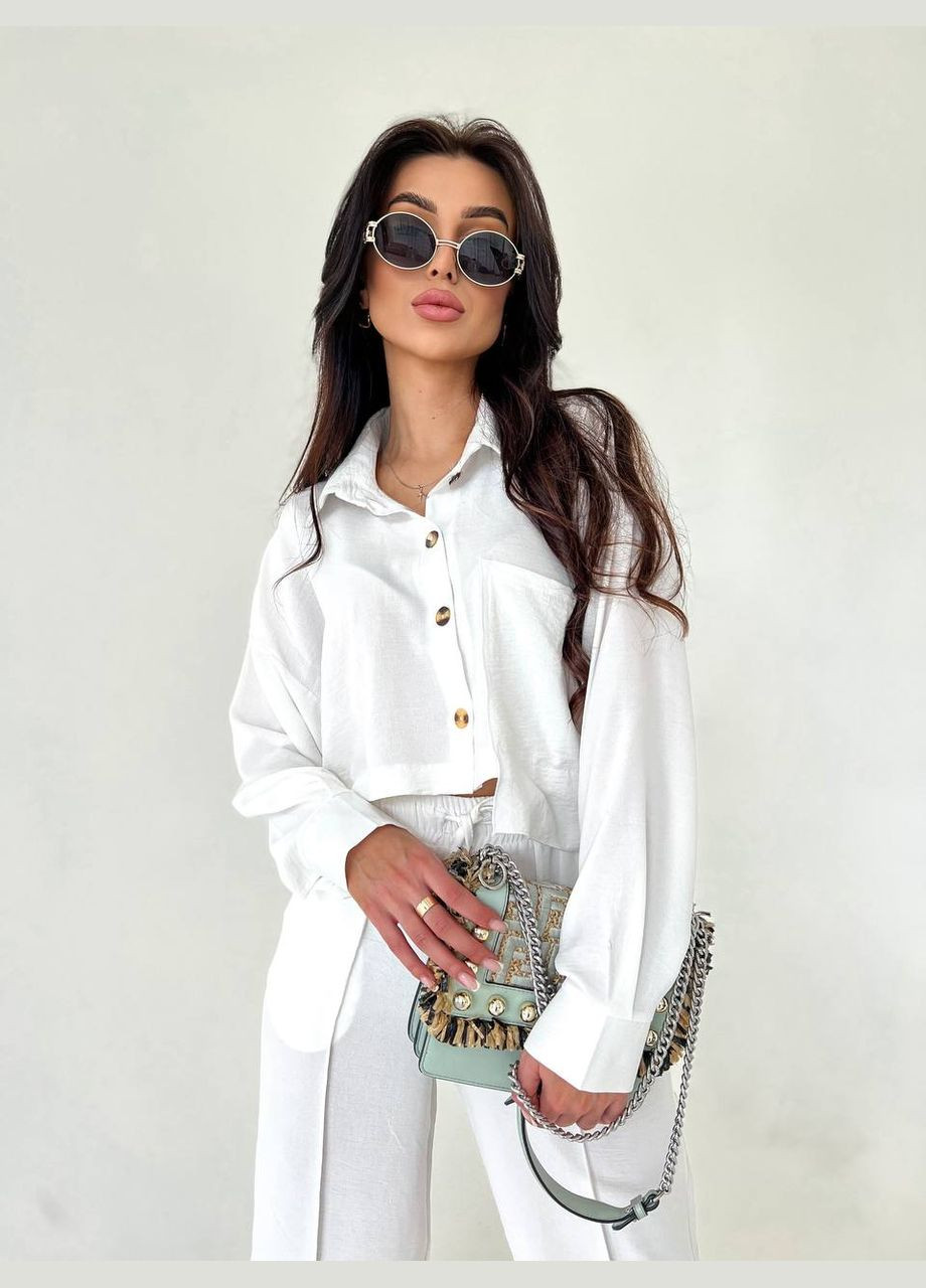 Яскравий літній костюм двійка з якісної тканини: креп-жатка (сорочка+штани клеш), стильний білий костюм 2-ка No Brand 254-5 (289361149)