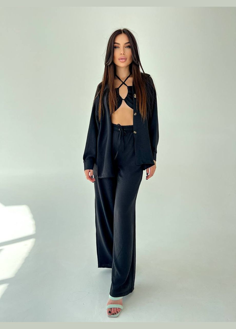 Шикарный чёрный летний костюм тройка из креп-жатки, красивый открытый костюм идеально подходящий для прогулки No Brand 060 (293244767)