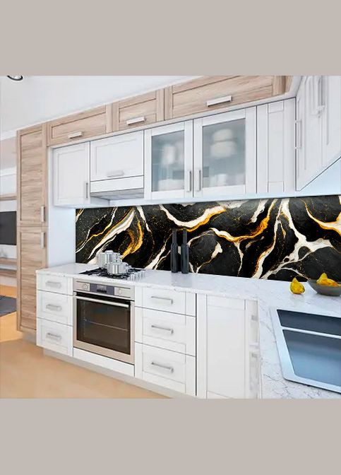 Панель на кухонний фартух жорстка чорний мармур із золотом та білим, на двосторонньому скотчі 68 х 305 см, 2 мм Декоинт (278289155)