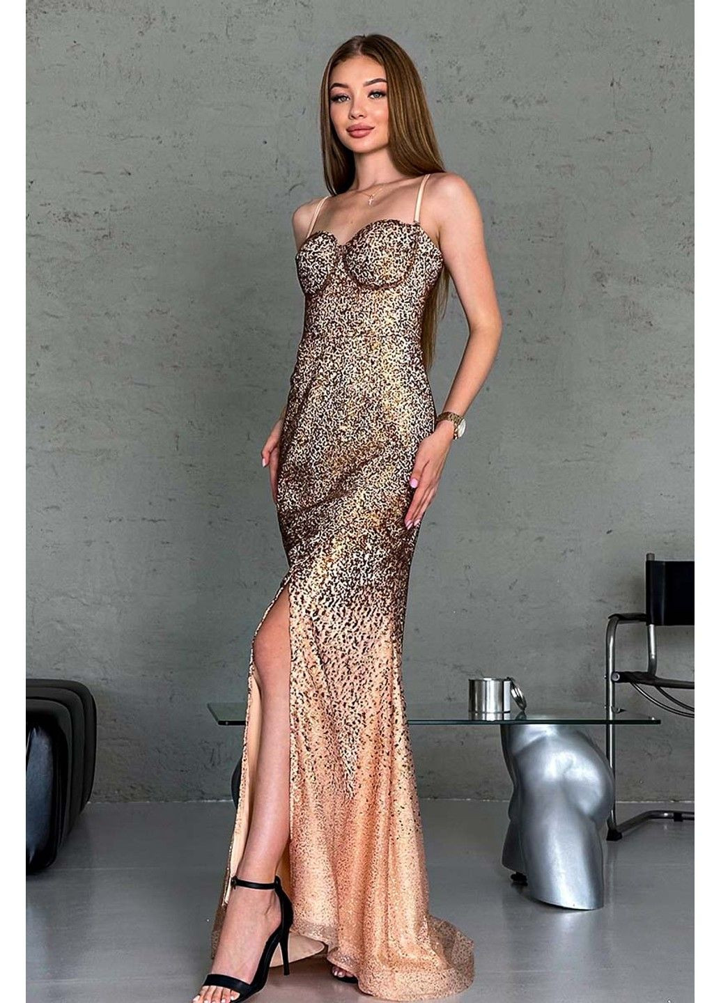 Бежевое вечернее платье золотое рыбка 20031 бежево Tanita-Romario