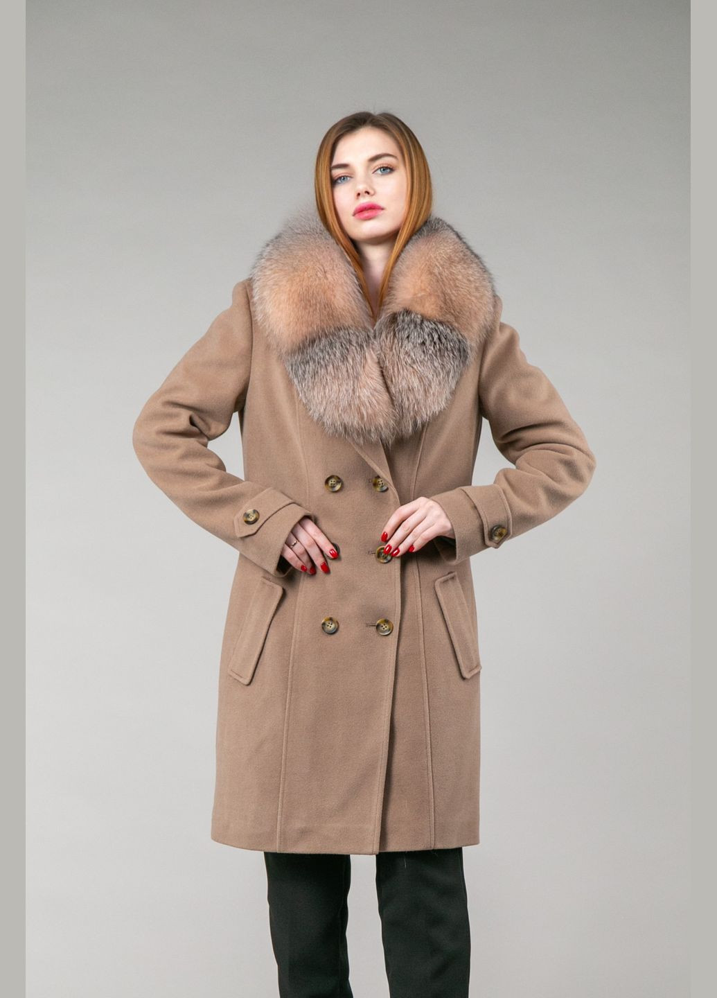 Бежеве зимнє Пальто з шерстяної тканини двобортне Chicly Furs