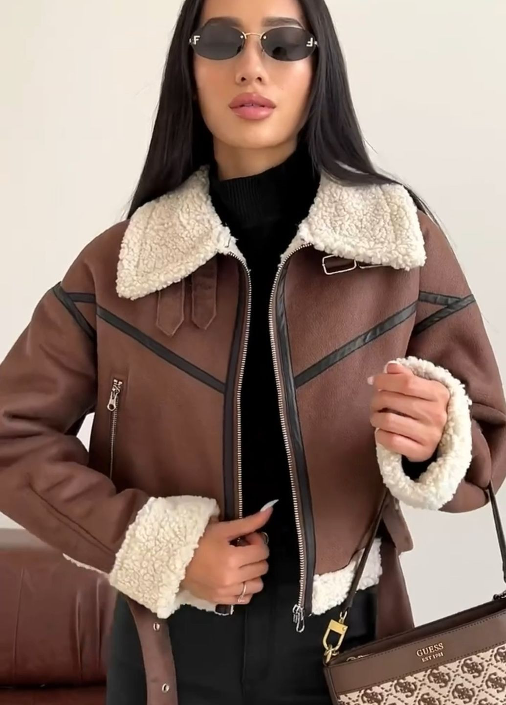 Дубленка мини, экокожа коричневая XS AL (292305108)