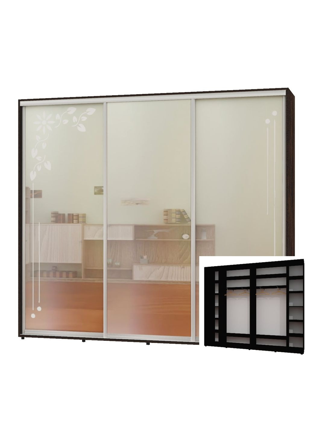 Шафа-купе тридверна 280*45*240 Венге магія 2 Дзеркала з піскострумним малюнком/Дзеркало Люкс-149 Алекса (360477775)