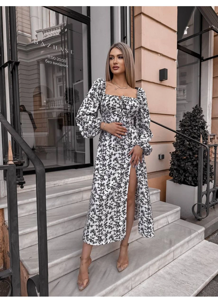Черное платье миди летнее в цветок Fashion