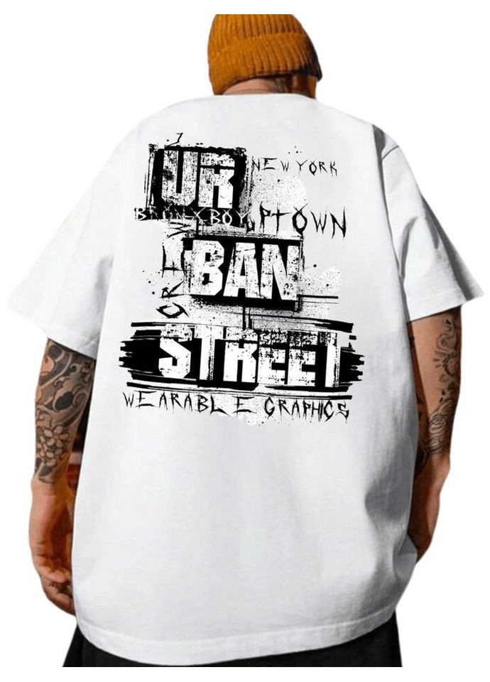 Комбінована біла чоловіча трендова оверсайз футболка з модним принтом No Brand