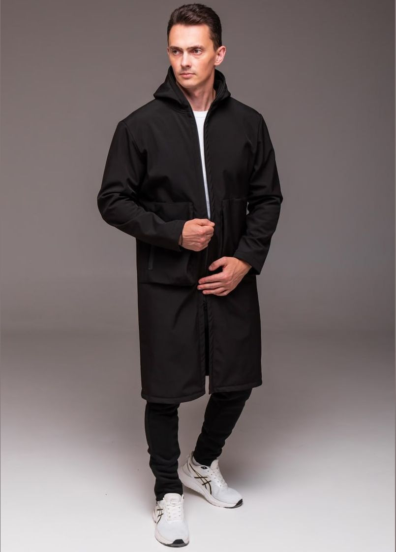 Черное демисезонное Пальто Удлиненное Softshell на флисе No Brand