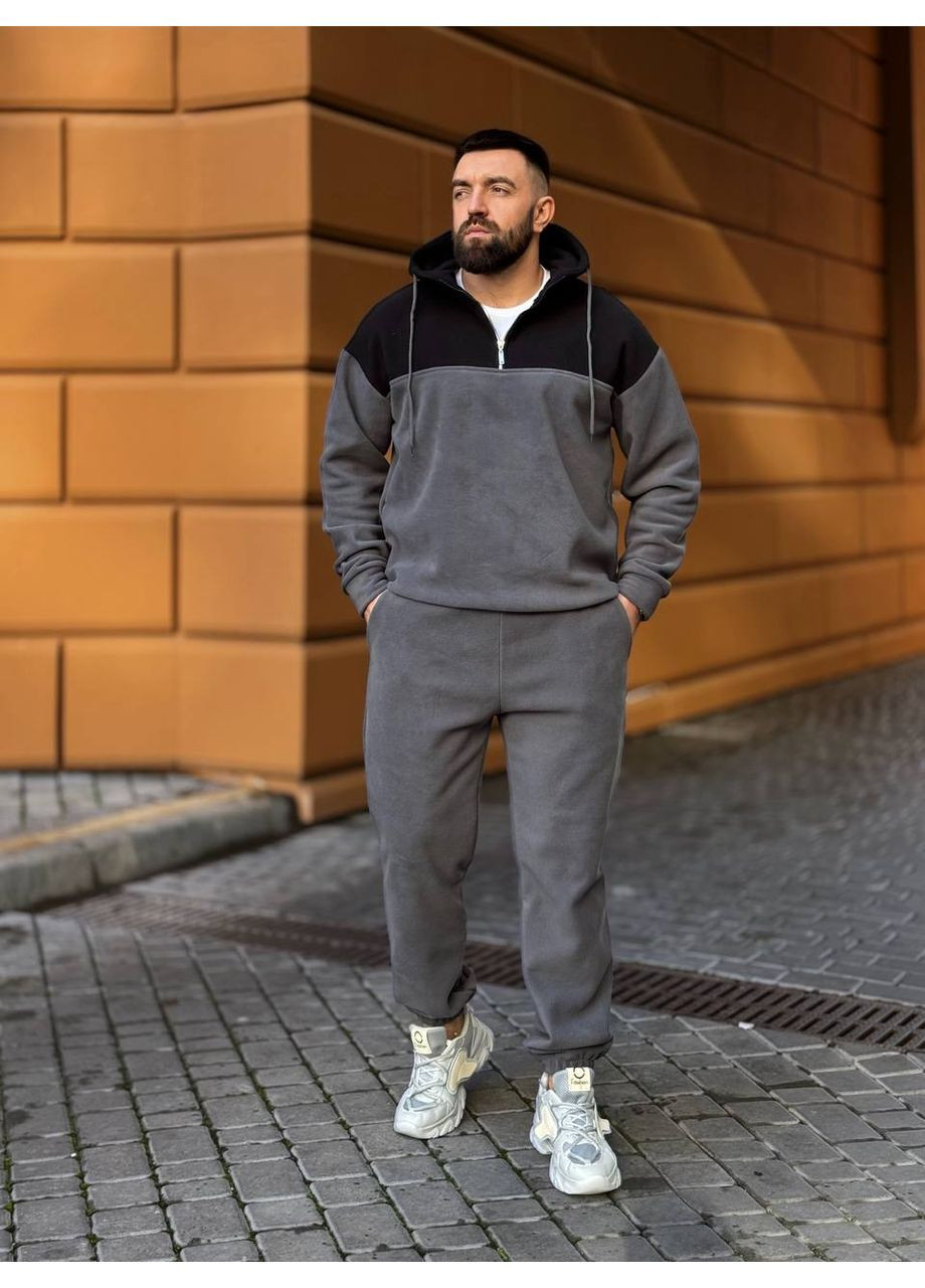 Графитовый зимний мужской теплый флисовый костюм с капюшоном. брючный No Brand