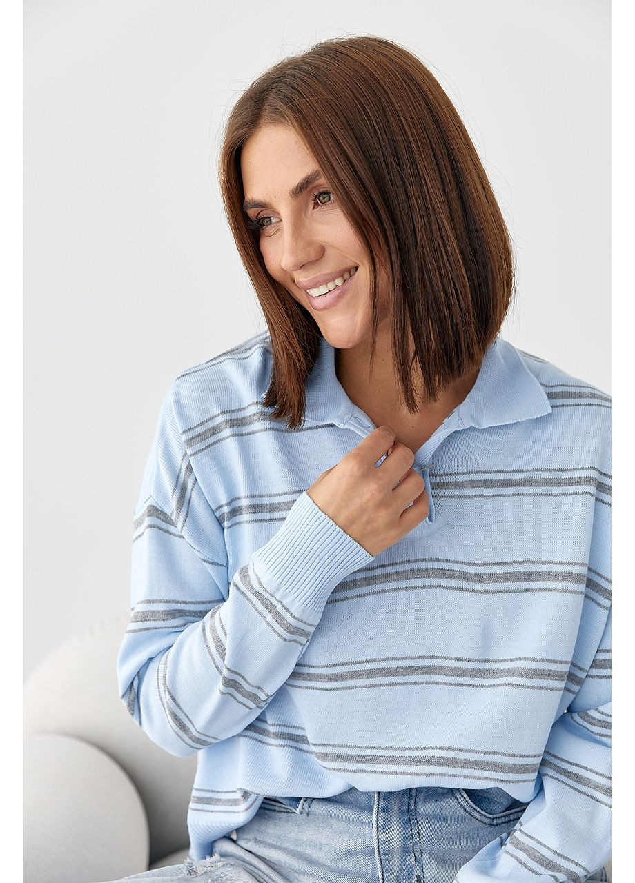 Блакитний демісезонний в'язаний смугастий светр-поло - пудра колір Lurex