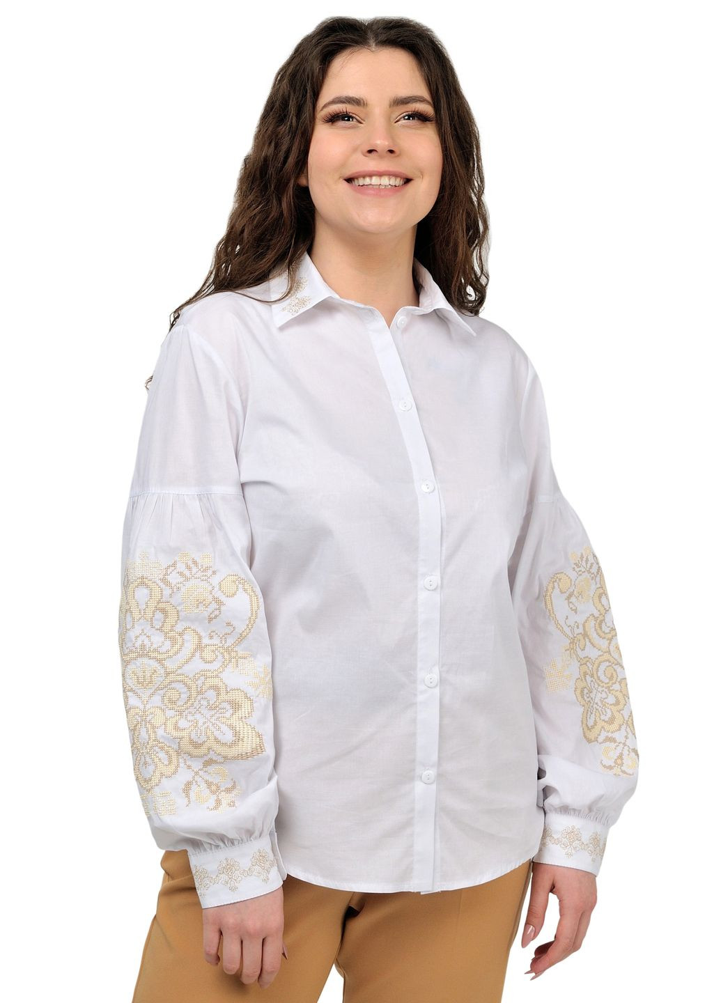 Жіноча котонова сорочка (біла з пісочною вишивкою) Golfstream (285813984)