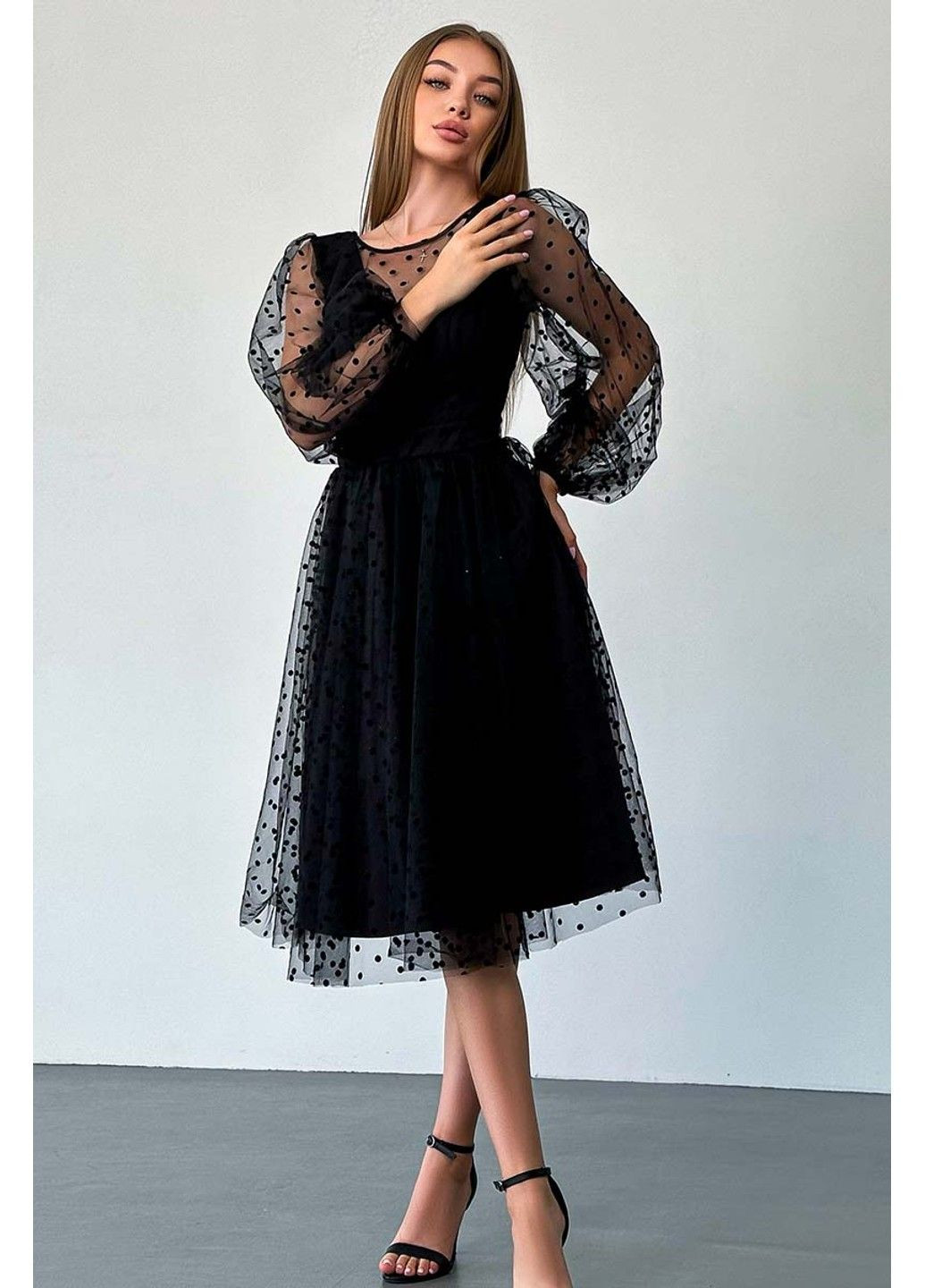 Чорна коктейльна сукня сітка флок 23065 чорний Tanita-Romario