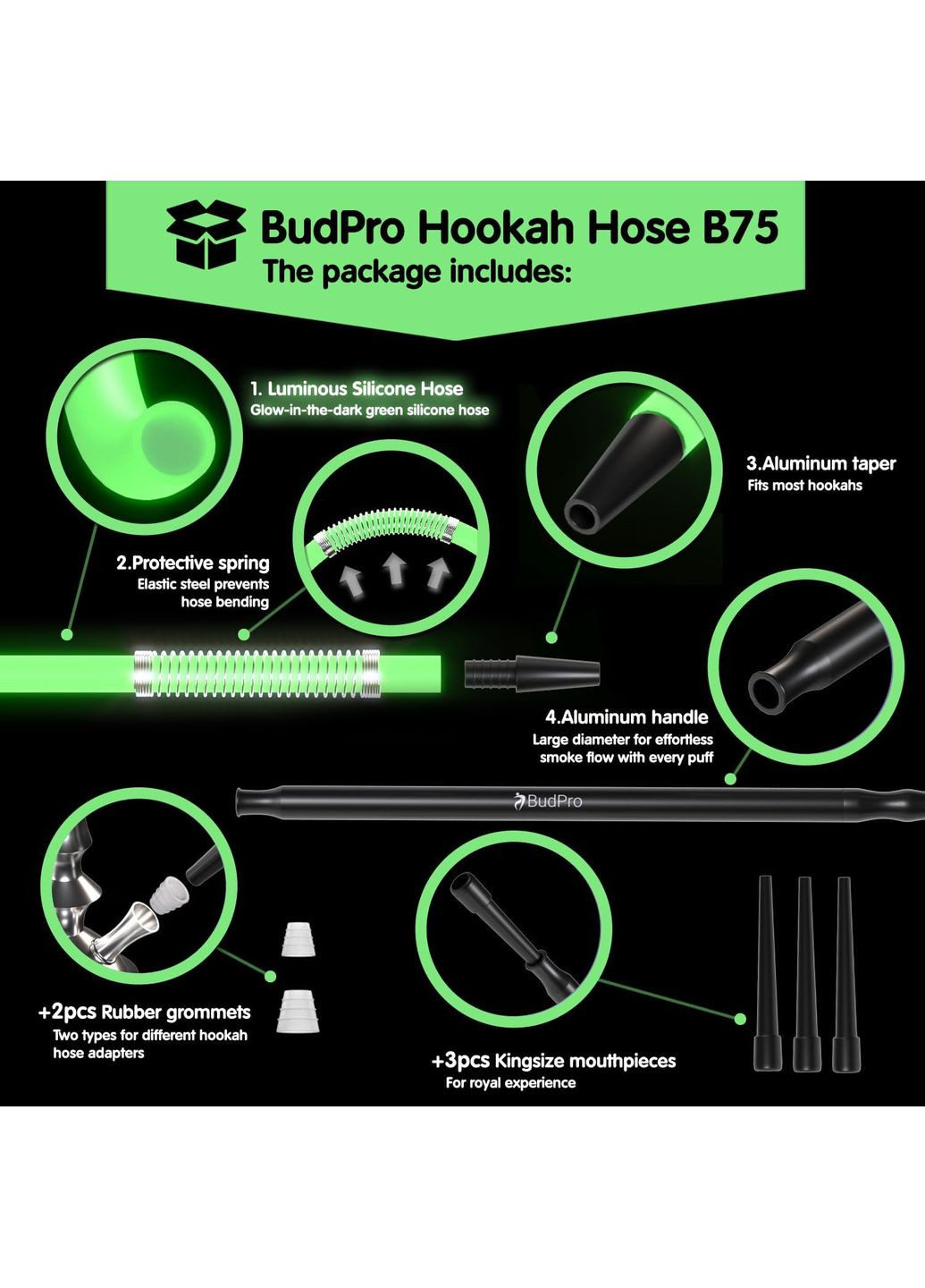 Шланг що світиться для кальяну Hookah Hose Luminous з алюмінієвою ручкою і пружиною від перегину 150 см (5024703) BudPro (366423827)