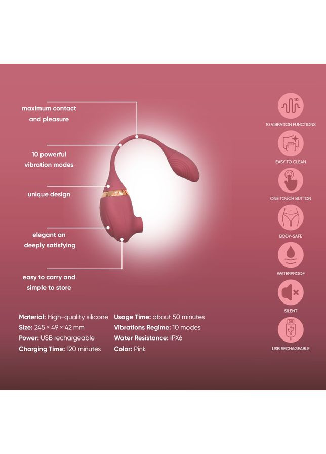 Вакуумний вібратор з відростком для точки G, 7 режимів, темно-рожевий Sweet Em (369608677)