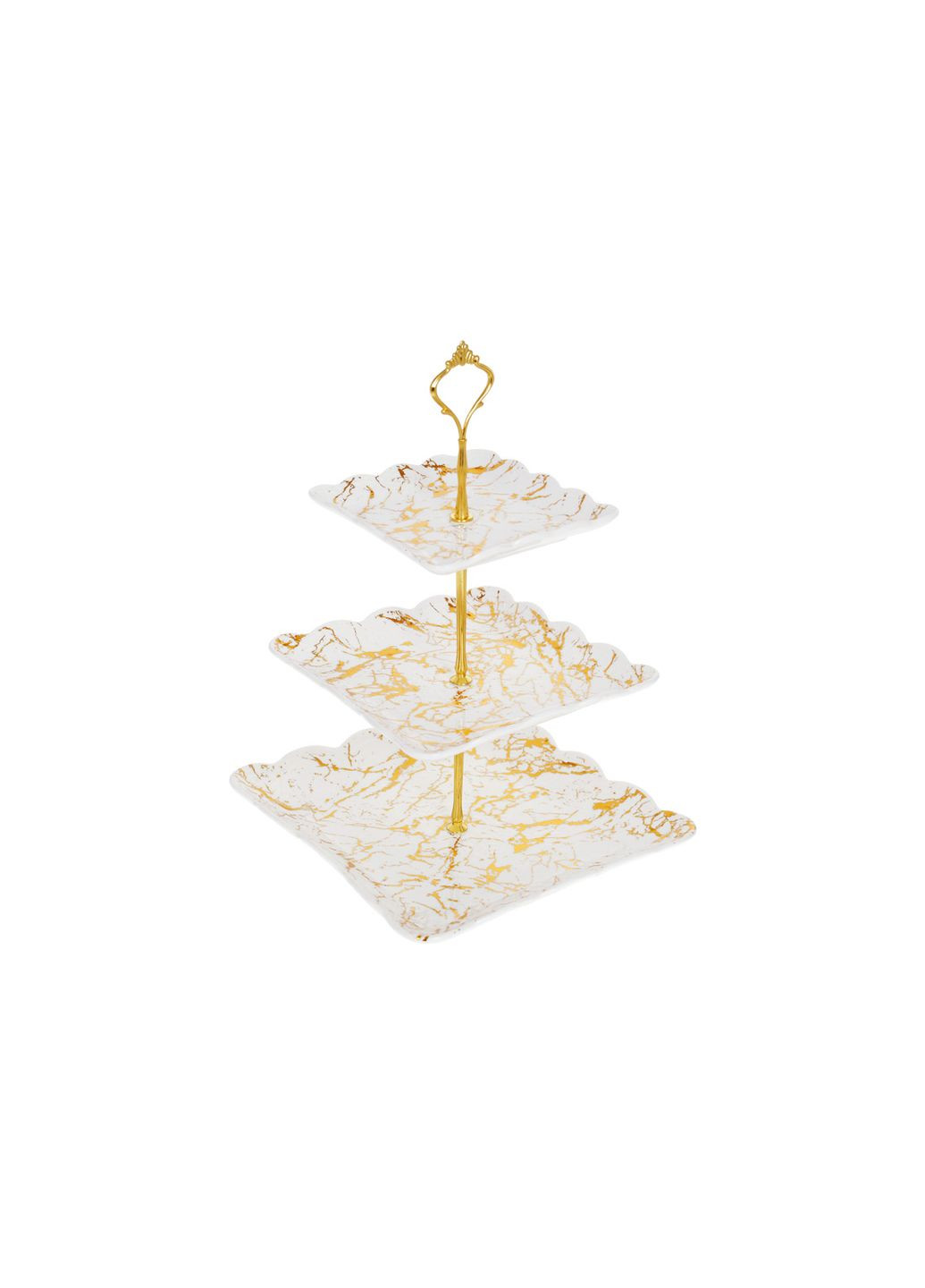 Етажерка порцелянова триярусна квадратна Мармурова Розкіш 37см,білий із золотом No Brand (336493103)