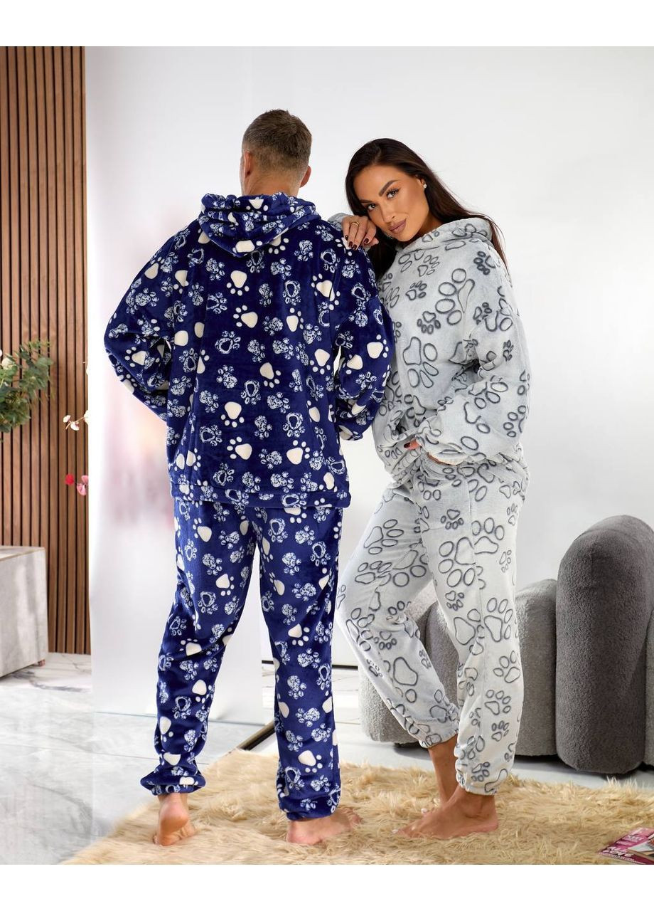 Сіра піжама унісекс лапки,тепла з кенгуру,двосторонній плюш штани та кофта з капюшоном Україна