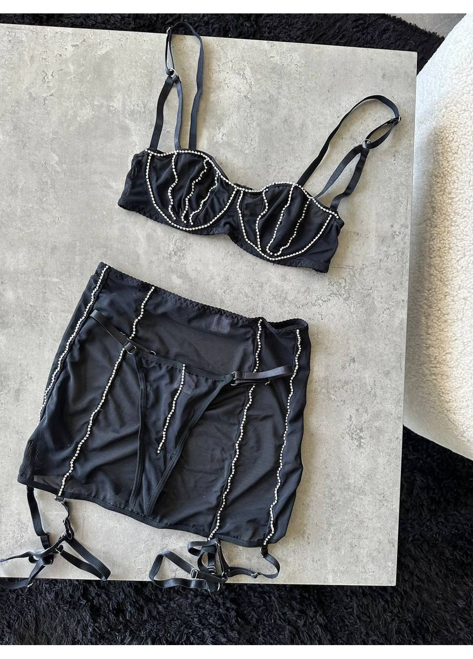 Чорний балконет комплект жіночого білизни | з спідницею та ремінцями, чорний Vital-Textile без кісточок поліестер, еластан