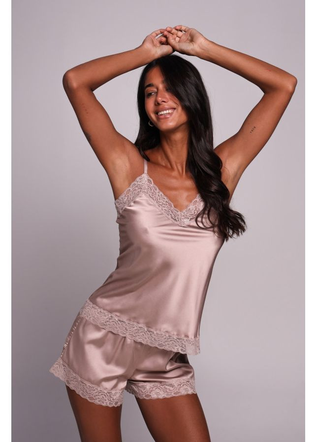 Бежева всесезон комплект шовковий жіночий топ та шорти з мереживом 977181 German Volf 25148