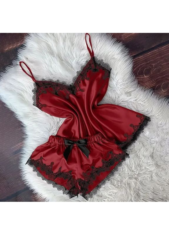 Бордова піжама жіноча. атласна піжама з мереживом. жіноча піжама двойка з шортами і топом China