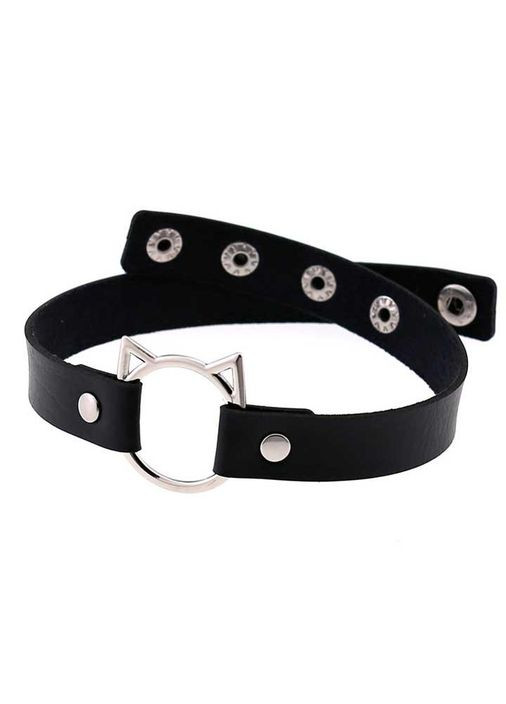 Ошейник "Кошечка" черного цвета Садо-мазо. Кожаный ошейник на шею с металлическим кольцом и кошачьими ушками China (360603655)