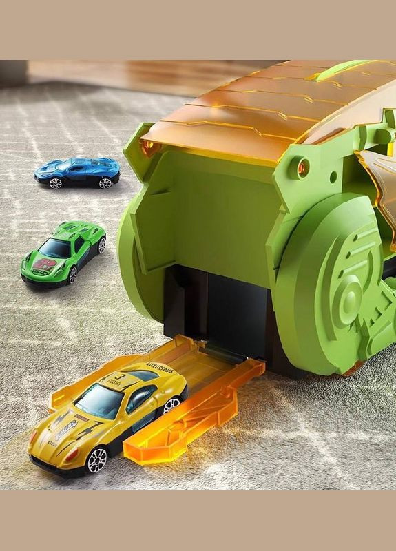 Мега трансформер Дино Y 2126 2 в 1 Трейлер - Автовоз с 3 машинками и барьерными аксессуарами для игры Зеленый Fun Game (327797212)