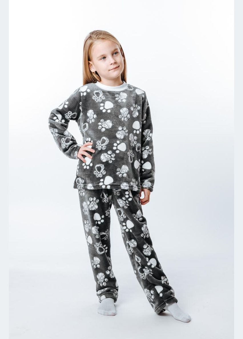 Темно-сіра зимня тепла піжама для дівчинки лапки (світшот+штани) світшот + брюки Україна