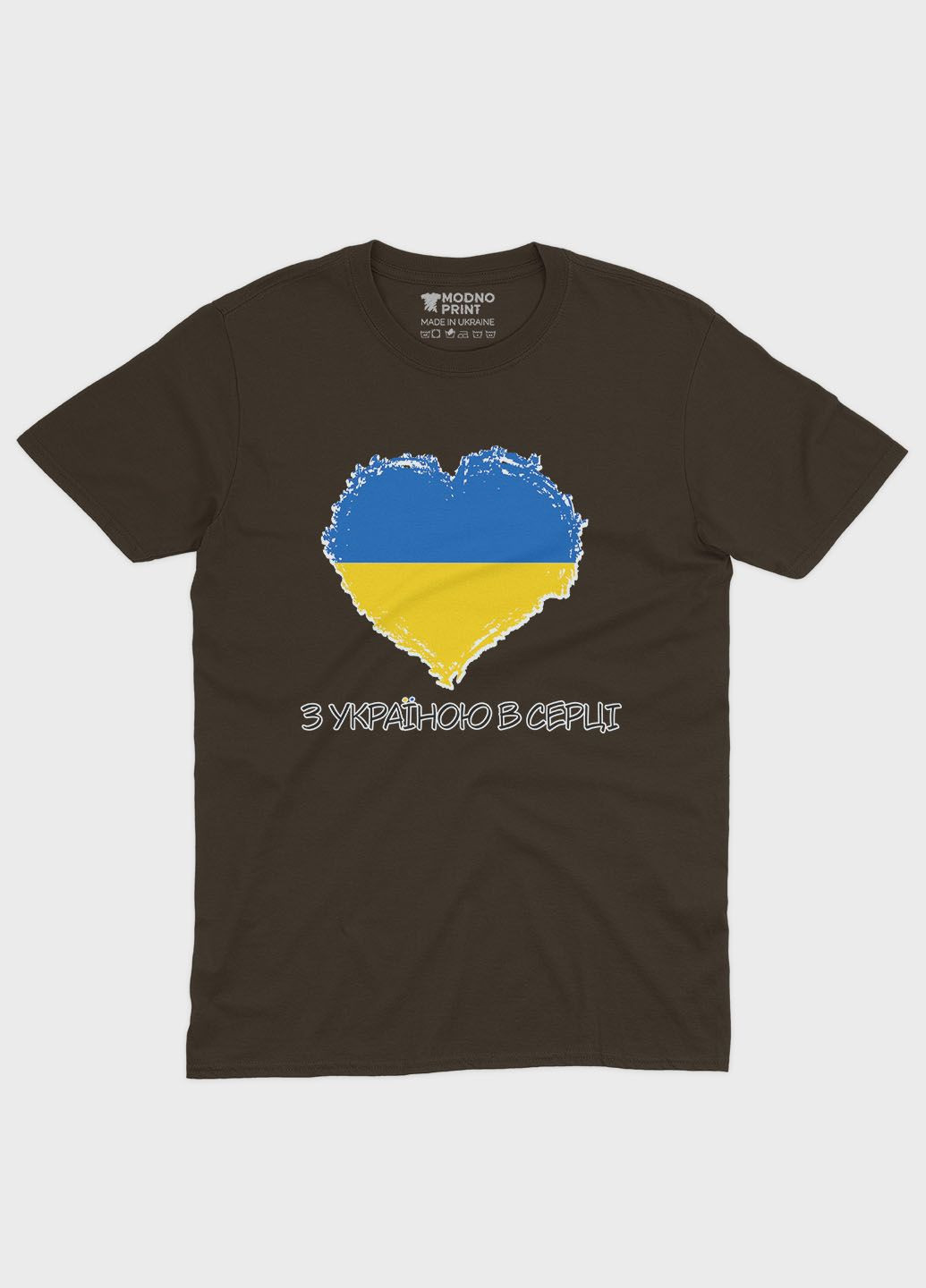 Коричневая летняя женская футболка с патриотическим принтом с украиной в сердце (ts001-2-dch-005-1-053-f) Modno