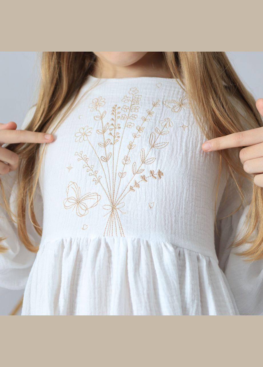 Біла дитяча довга святкова сукня з вишивкою "хлоя" з мусліну для дівчинки No Brand (335064169)