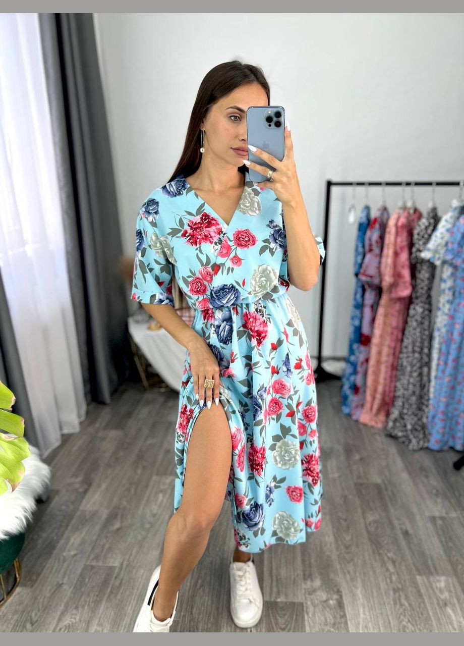 Голубое повседневный, вечернее, пляжное, кэжуал женское платье FINO Mode с цветочным принтом