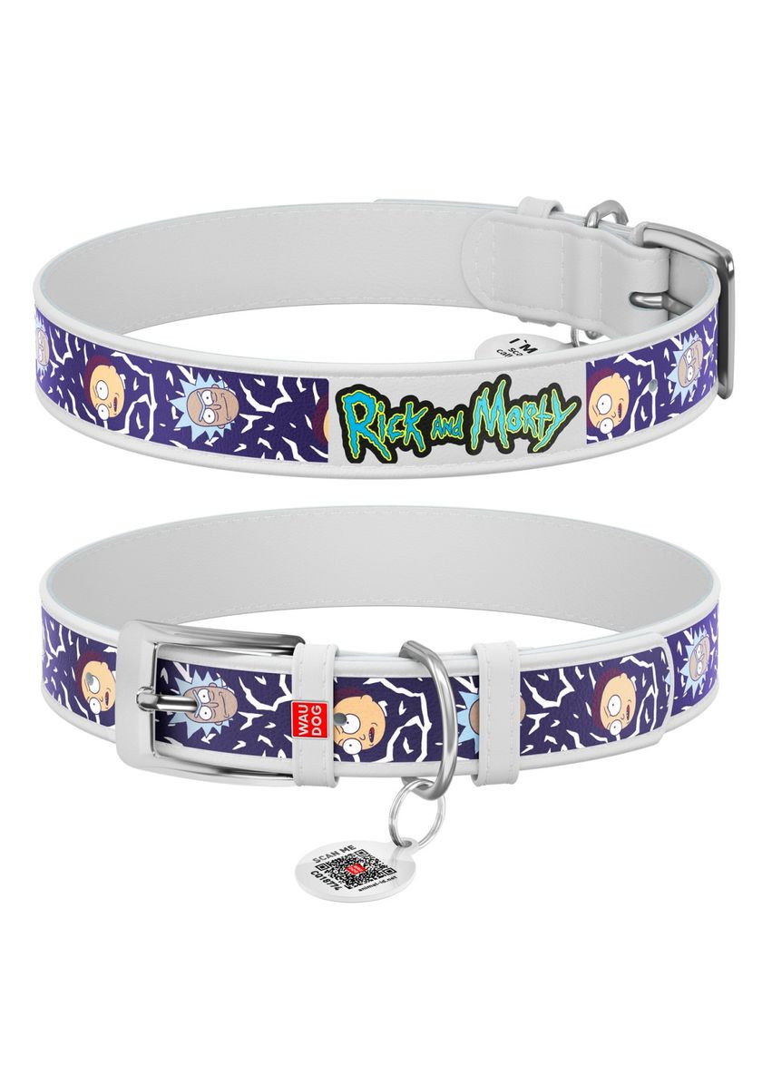 Нашийник для собак шкіряний Design з QR-паспортом Рік і Морті 2 M 30-39 см х 20 мм Білий (3604-0281-15) WAUDOG (279569898)