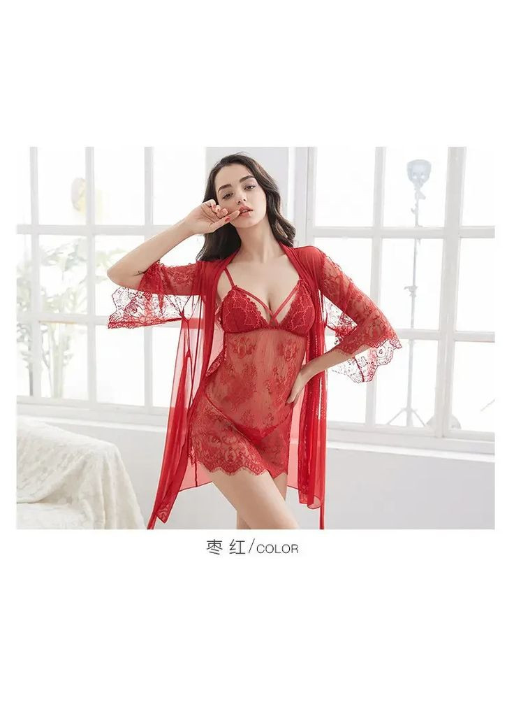 Кружевной пеньюар с халатом размер S-XL. Халат с пеньюаром прозрачный со стрингами. China (360862194)