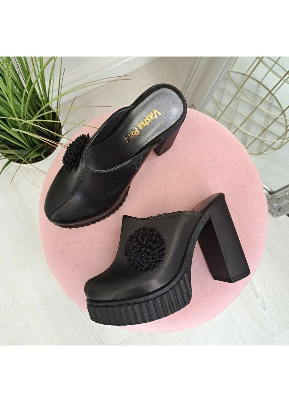 Жіночі шкіряні чорні сабо на тракторній підошві. 37 розмір Vasha para (362355005)