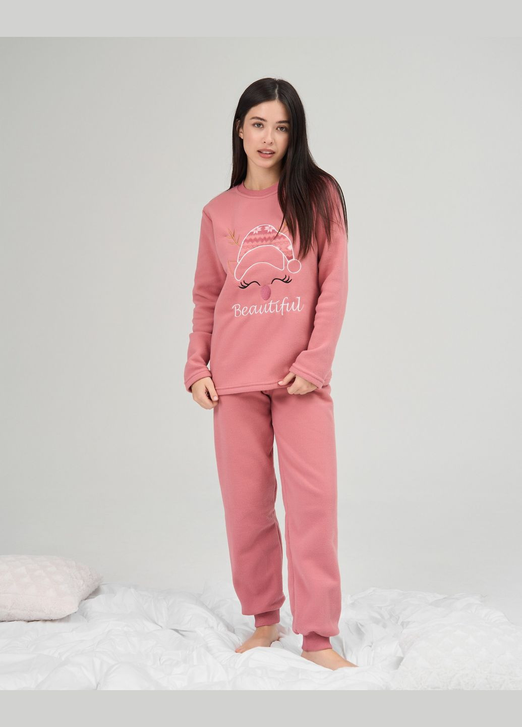 Рожева зимня піжама жіноча тепла фліс олень в шапці розмір s, m, l, xl кофта + брюки Lady Secret Піжама
