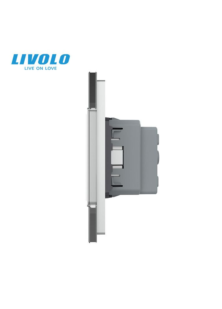 Подвійна електрична розетка з заземленням, сіра, скляна рамка, шторки, 250В 16А (VL-C7C2EU-15) Livolo (370971478)