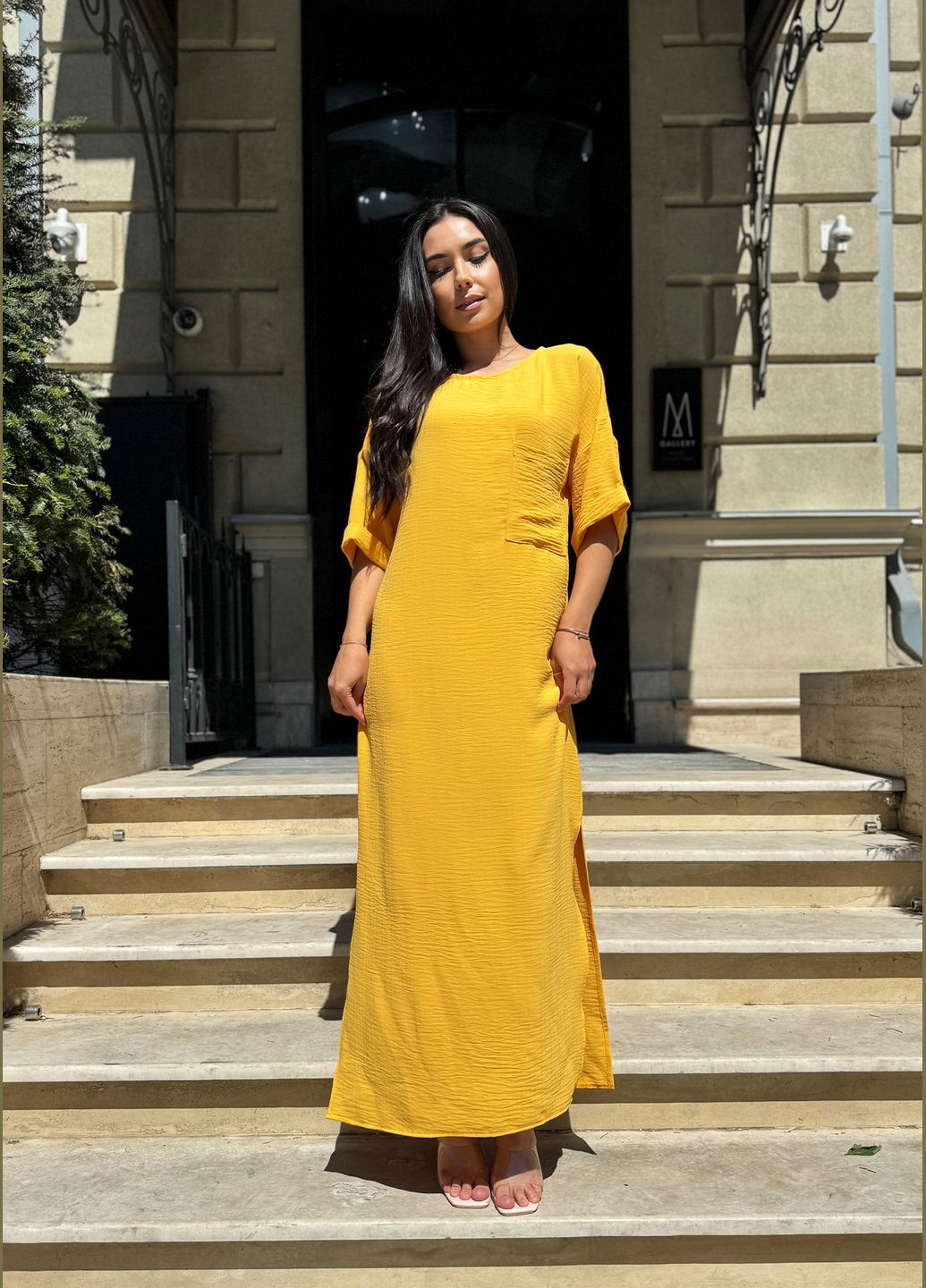 Желтое повседневный, пляжное летнее яркое желтое длинное платье оверсайз INNOE однотонное