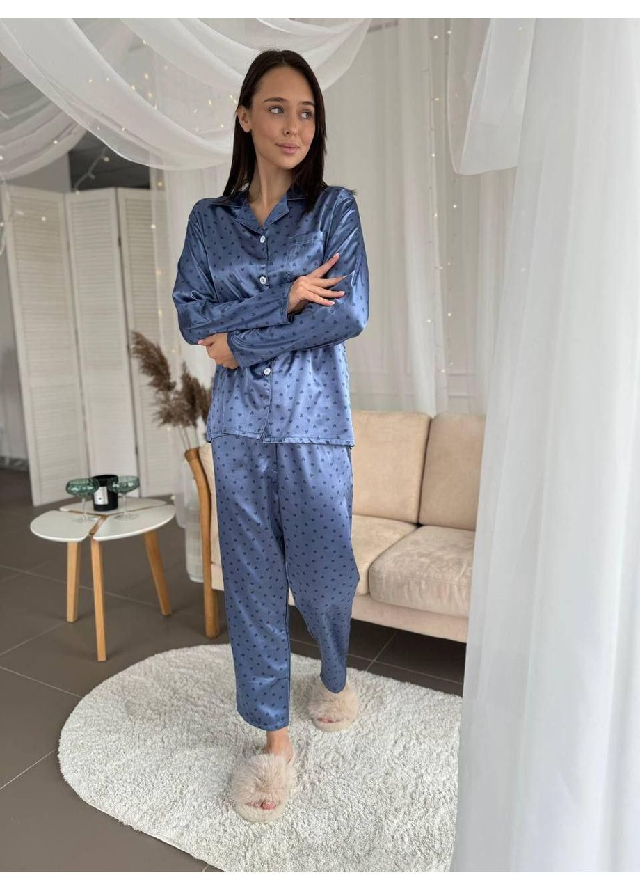 Синя всесезон піжама атласна my love стильний жіночий піжамний домашній комплект сорочка з брюками синя в сердечка сорочка + брюки No Brand Піжама атласна з штанами My Love синя