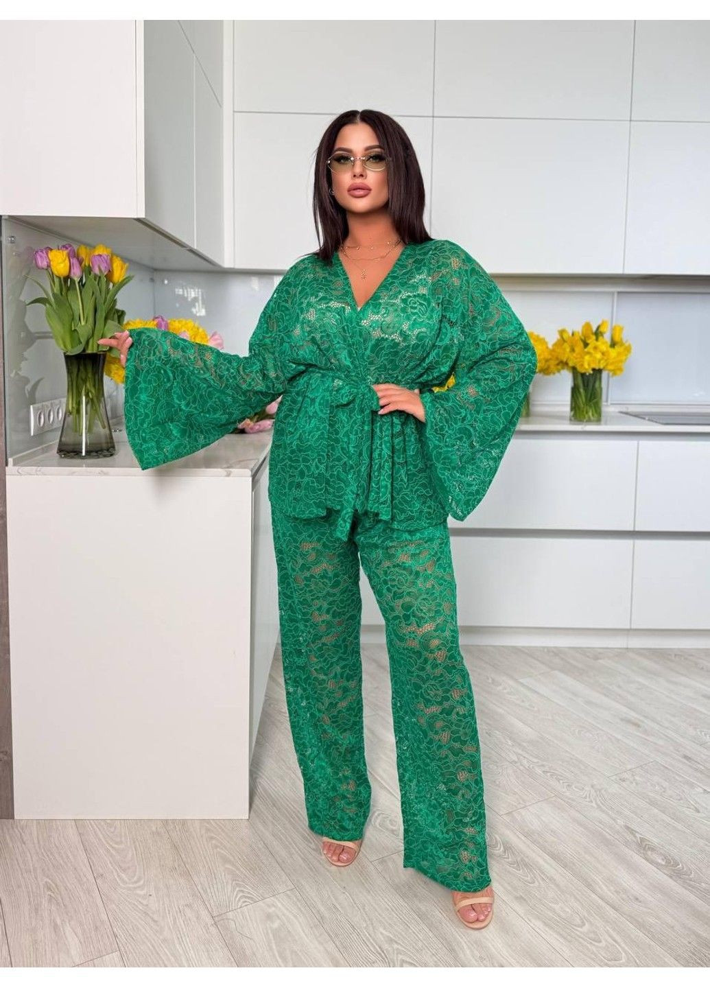 Брючний мереживний костюм двійка Арт: 7066.14, зелений, розмір 64-72 No Brand (355469570)