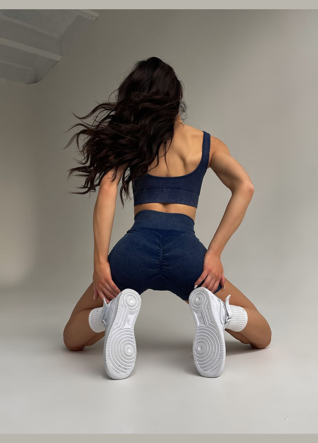 Спортивный женский костюм Rib Premium в рубчик (топ + шорты) с высокой посадкой и PUSH UP Темно-синий No Brand Двійка в рубчик: топ, шорти (317046268)