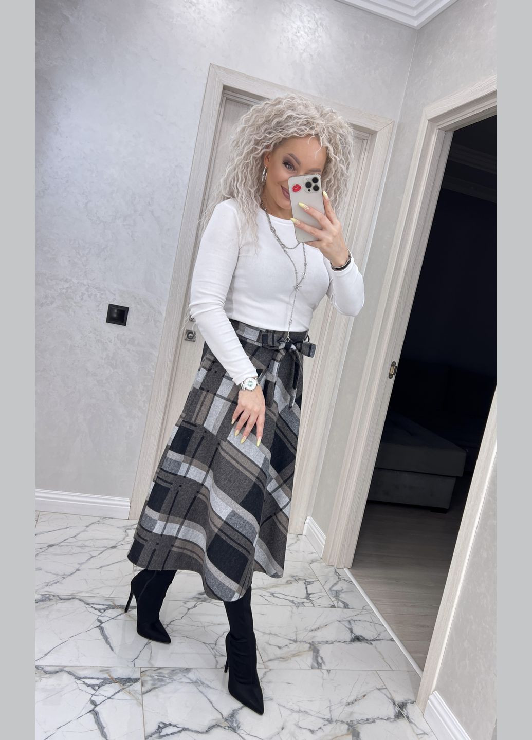 Светло-коричневая офисная, повседневная, кэжуал в клетку женская теплая юбка меди в клетку с добавлением шерсти классическая повседневная No Brand